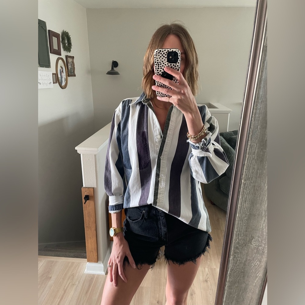 Vintage Men's Striped Button-Up Shirt by - Navy, White & Olive